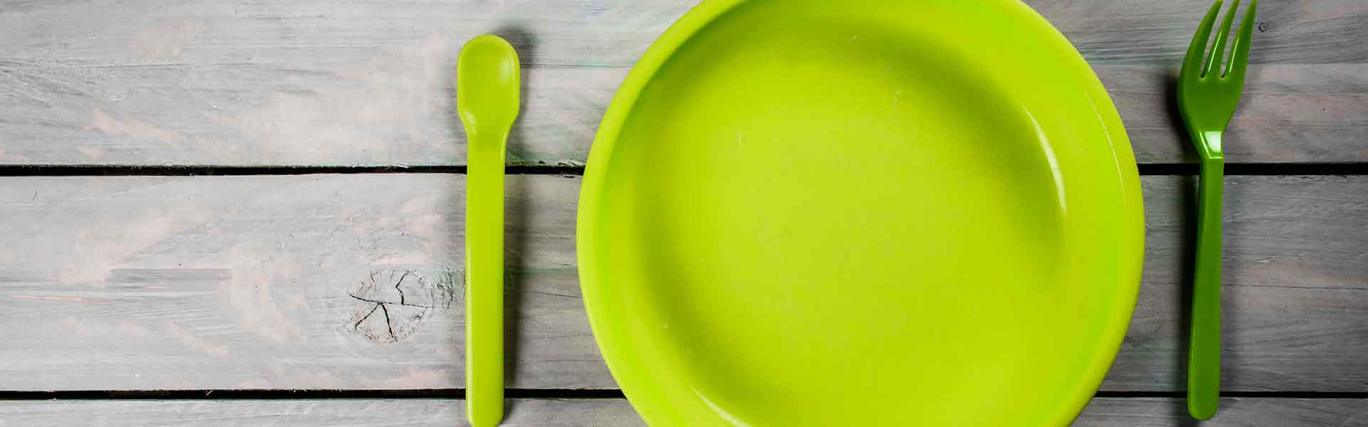 Green plastic knife, fork and plate