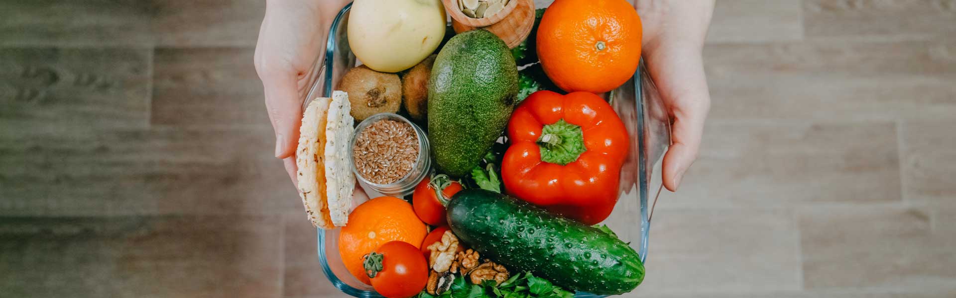 fresh fruit and vegetables in a bowl