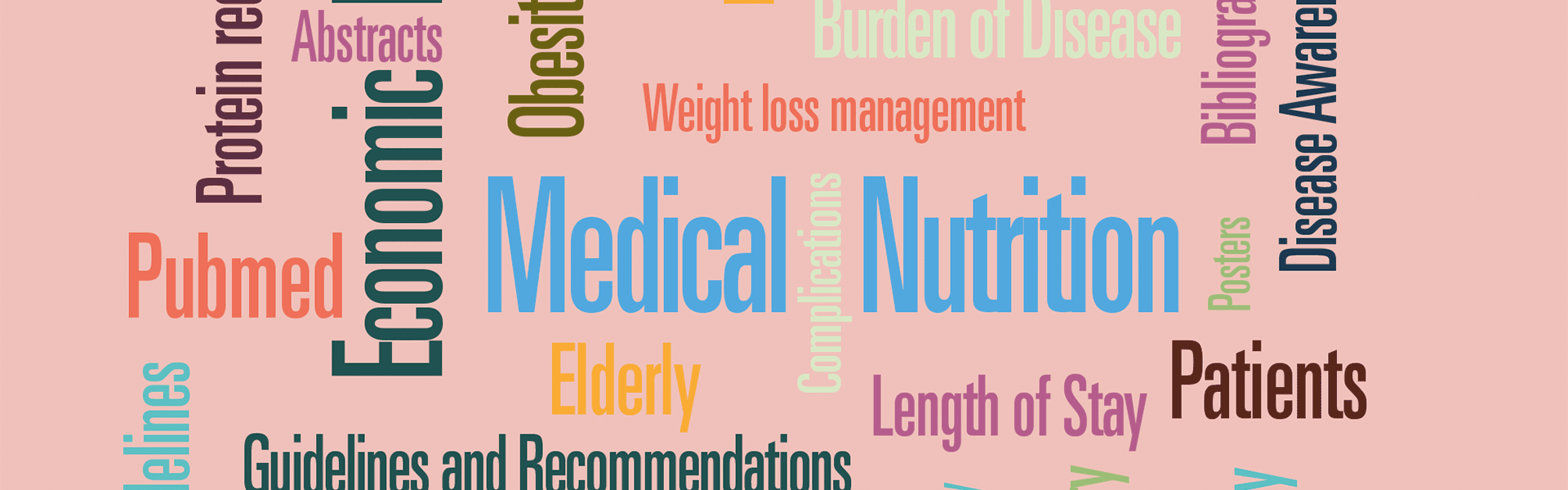 Word cloud featuring: Medical Nutrition, Economic, Patients, Guidelines and Recommendations