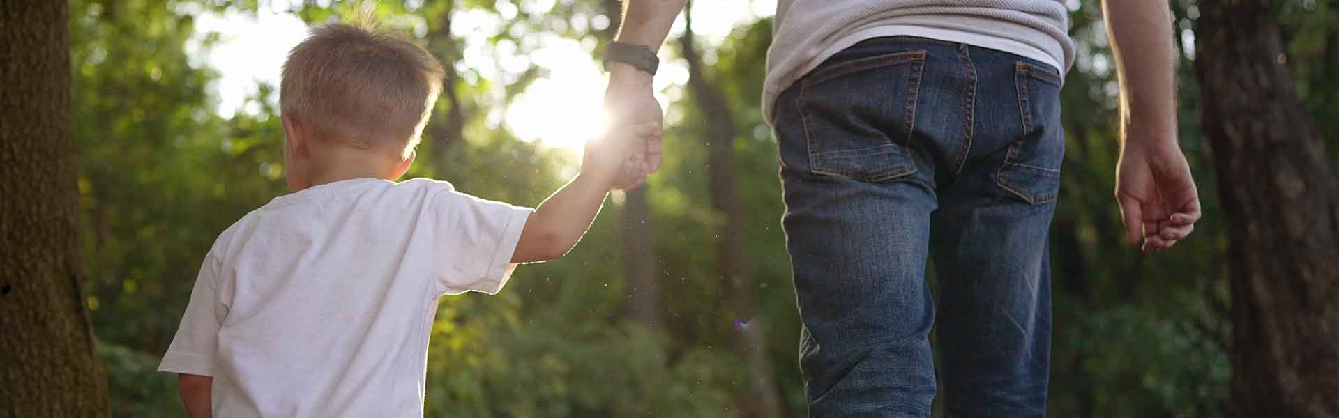 Father and son walking through forest