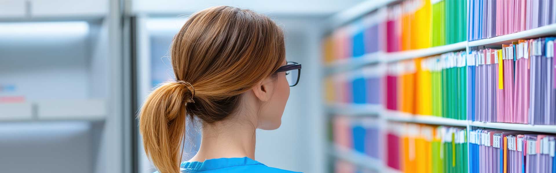 woman looking at coloured files