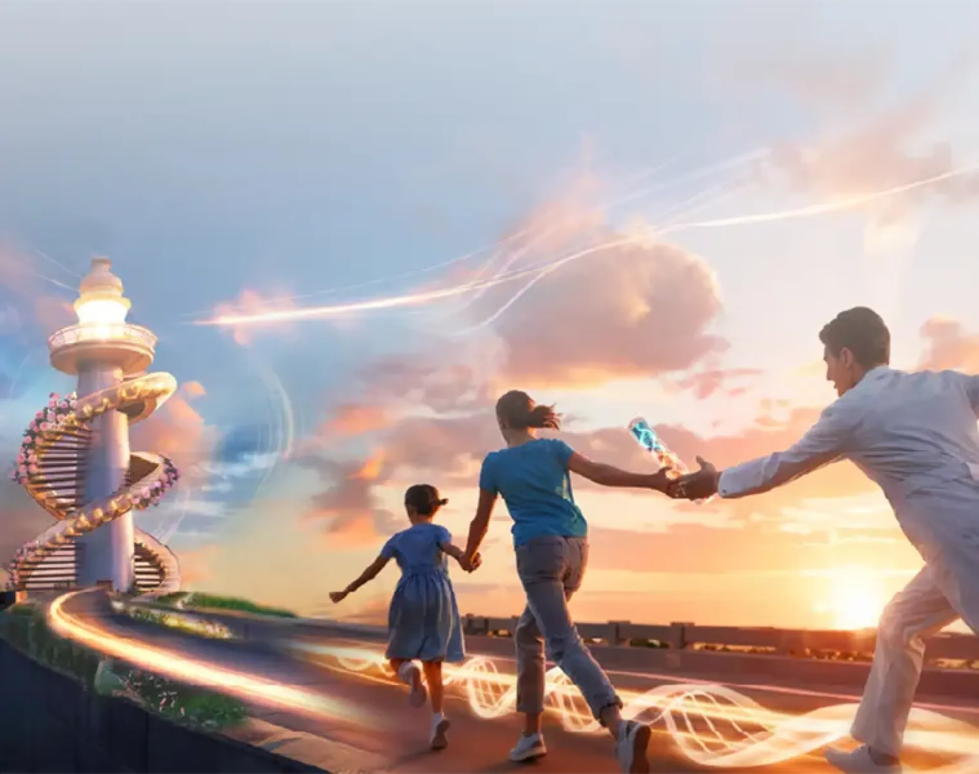 healthcare professional running handing a baton to a woman and child moving towards a tower