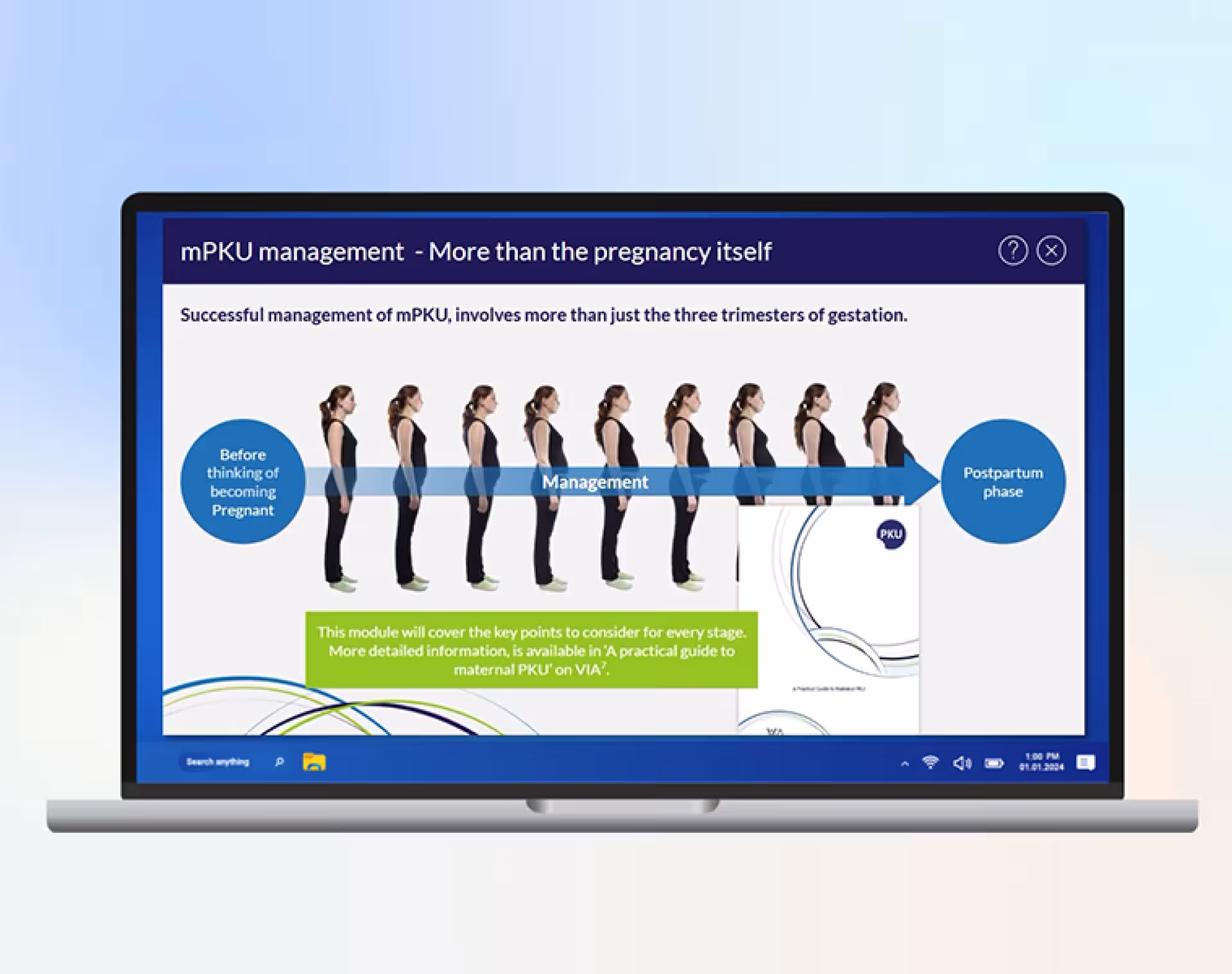 Screenshot showing the stages of managing pregnancy for PKU patients