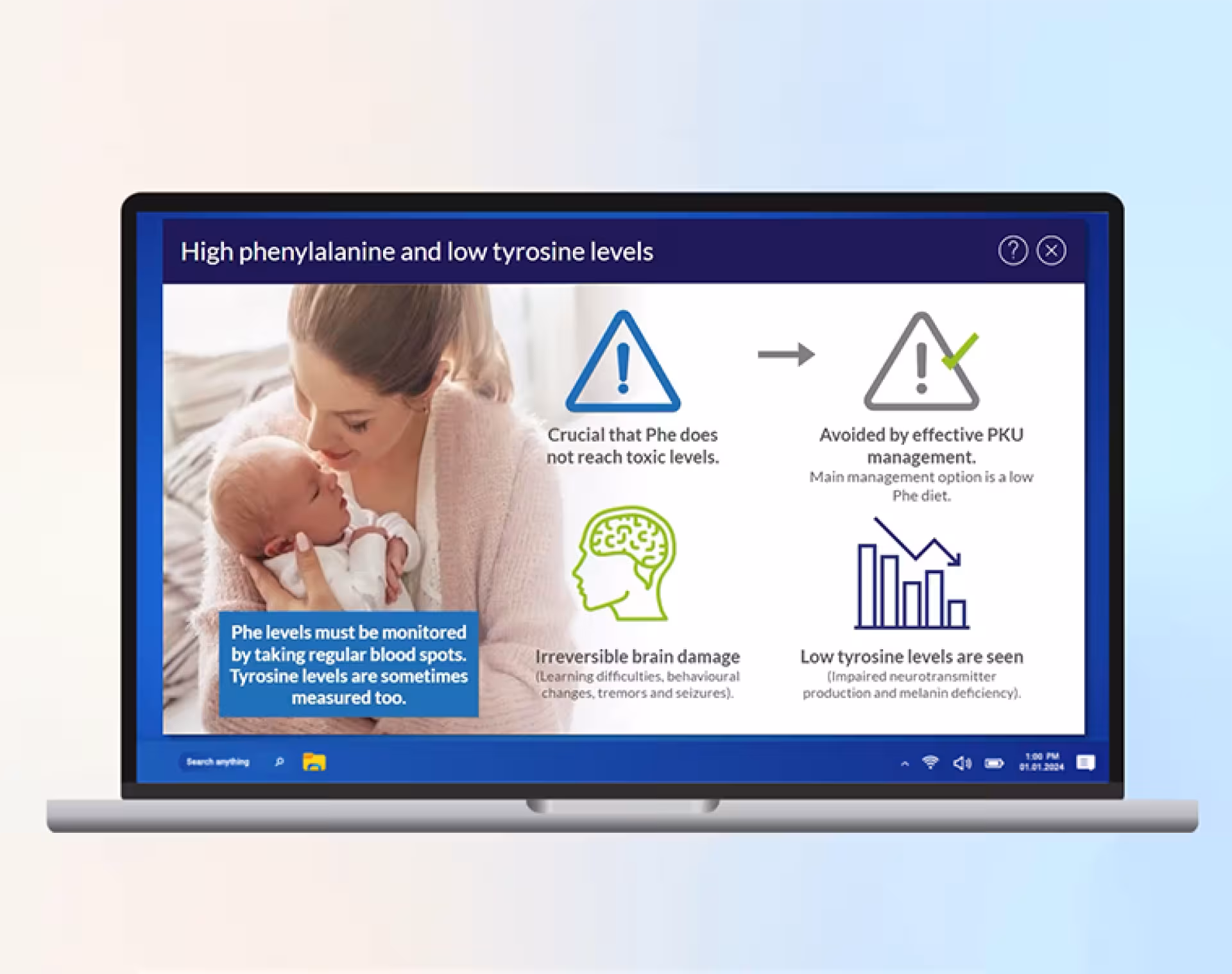 Screenshot of the PKU course showing high Phe Low Tyr consequences