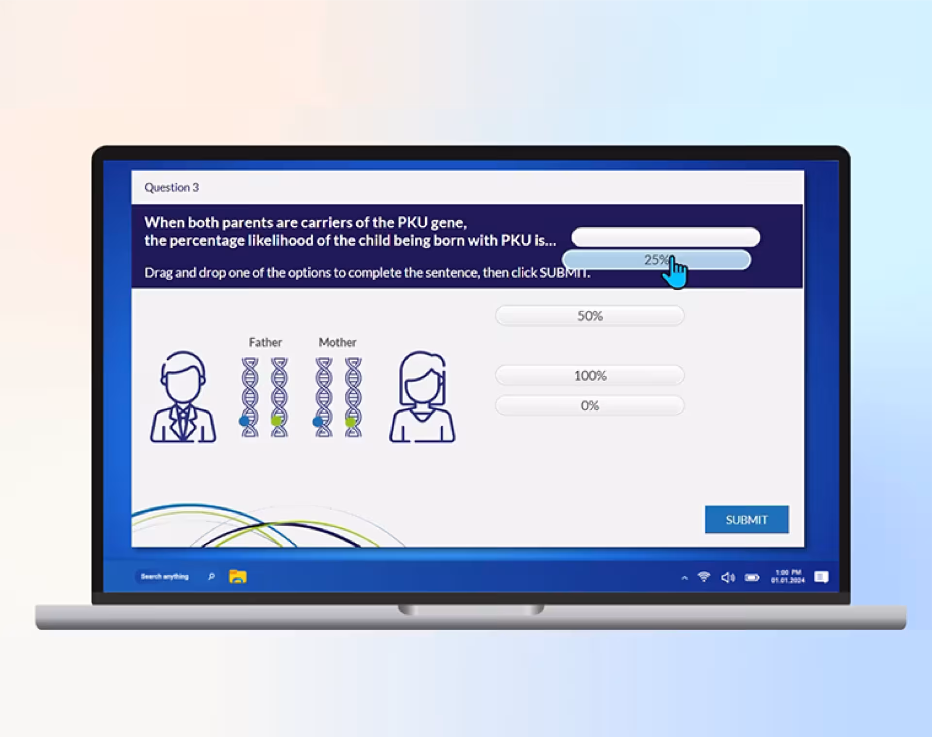 Screenshot showing a user dragging an answer in knowledge check