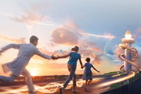 healthcare professional running handing a baton to a woman and child moving towards a tower